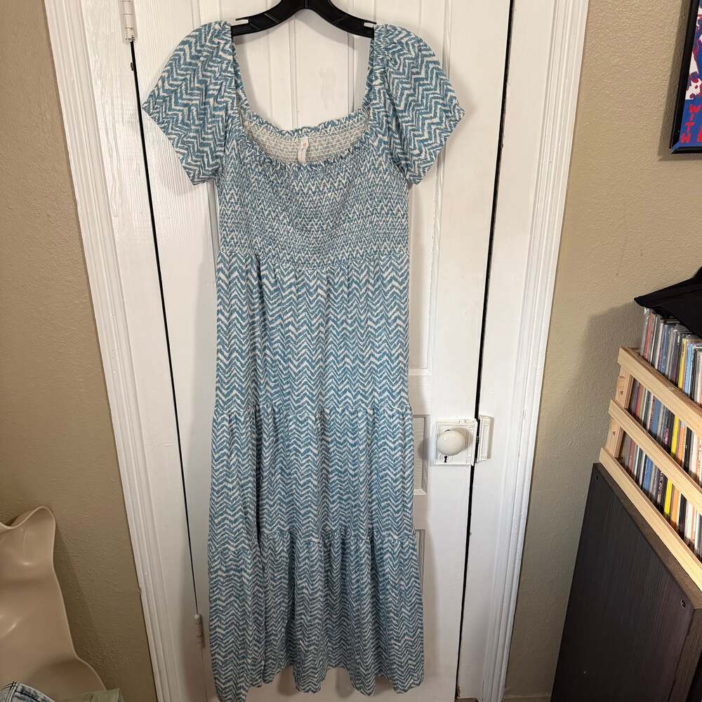 Daily Practice Anthropologie Blue White Chevron Smocked Tiered Maxi Dress Small - Picture 2 of 8